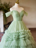 A-Line Green Tulle Long Party Dress, Off the Shoulder Formal Evening Dress HZ0429