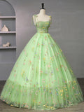 Green Floral Tulle Long Prom Dress, Beautiful Spaghetti Strap Formal Evening Dress HZ0429