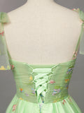 Green Floral Tulle Long Prom Dress, Beautiful Spaghetti Strap Formal Evening Dress HZ0429