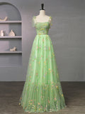Green Floral Tulle Long Prom Dress, Beautiful Spaghetti Strap Formal Evening Dress HZ0429