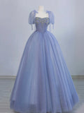 Blue Tulle Beaded Floor Length Prom Dress, A-Line Short Sleeve Evening Party Dress HZ0429