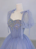Blue Tulle Beaded Floor Length Prom Dress, A-Line Short Sleeve Evening Party Dress HZ0429
