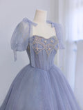 Blue Tulle Beaded Floor Length Prom Dress, A-Line Short Sleeve Evening Party Dress HZ0429