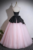 Elegant Black and Pink Strapless Prom Dress, Floor-Length Tulle Ball Gown HZ0429