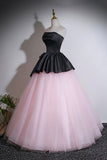 Elegant Black and Pink Strapless Prom Dress, Floor-Length Tulle Ball Gown HZ0429