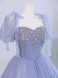 Blue Tulle Beaded Floor Length Prom Dress, A-Line Short Sleeve Evening Party Dress HZ0429