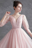 Pink Tulle V-Neck Long Prom Dress, A-Line 1/2 Sleeves Evening Dress HZ0429
