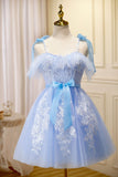 Blue Lace Knee Length Prom Dress, Lovely A-Line Homecoming Dress HZ0429