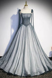 Gray Spaghetti Straps Long A-Line Prom Dress, Gray Evening Dress with Beaded HZ0429