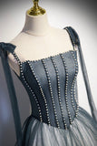 Gray Spaghetti Straps Long A-Line Prom Dress, Gray Evening Dress with Beaded HZ0429