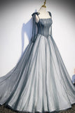 Gray Spaghetti Straps Long A-Line Prom Dress, Gray Evening Dress with Beaded HZ0429