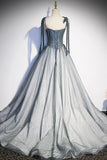 Gray Spaghetti Straps Long A-Line Prom Dress, Gray Evening Dress with Beaded HZ0429