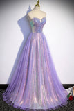 Purple Strapless Sequins Floor Length Prom Dress, A-Line Formal Dress HZ0429