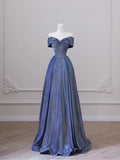 Shiny Off the Shoulder Floor Length Blue A-Line Prom Dress HZ0429