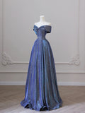 Shiny Off the Shoulder Floor Length Blue A-Line Prom Dress HZ0429