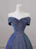 Shiny Off the Shoulder Floor Length Blue A-Line Prom Dress HZ0429