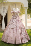 Dusty Pink Floral Jacquard Prom Dress Off-the-Shoulder Big Bow Princess Ball Gown HZ0429
