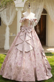 Dusty Pink Floral Jacquard Prom Dress Off-the-Shoulder Big Bow Princess Ball Gown HZ0429