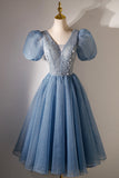 A-line V-neck Sequins Short Prom Dress, Blue Short Sleeve Evening Dress HZ0429