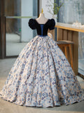 Blue V-Neck Short Sleeve Ball Gown, Blue A-Line Velvet Floor Length Evening Dress HZ0429