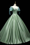 Green Satin Long A-Line Ball Gown, Green Short Sleeve Evening Gown HZ0429