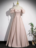 Pink Satin A-Line Floor Length Prom Dress, Off Shoulder Short Sleeve Evening Dress HZ0429