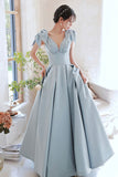 Cute Blue Saitn Long Prom Dress, A-Line Blue Evening Dress HZ0429