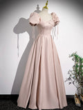 Pink Satin A-Line Floor Length Prom Dress, Off Shoulder Short Sleeve Evening Dress HZ0429