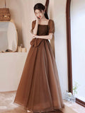Charming Brown Tulle Floor Length Prom Dress, A-Line Short Sleeve Evening Party Dress HZ0429