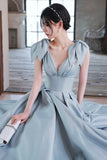 Cute Blue Saitn Long Prom Dress, A-Line Blue Evening Dress HZ0429
