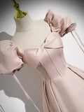 Pink Satin A-Line Floor Length Prom Dress, Off Shoulder Short Sleeve Evening Dress HZ0429