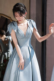 Cute Blue Saitn Long Prom Dress, A-Line Blue Evening Dress HZ0429