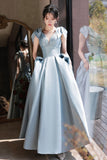 Cute Blue Saitn Long Prom Dress, A-Line Blue Evening Dress HZ0429