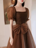 Charming Brown Tulle Floor Length Prom Dress, A-Line Short Sleeve Evening Party Dress HZ0429