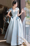 Cute Blue Saitn Long Prom Dress, A-Line Blue Evening Dress HZ0429