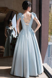 Cute Blue Saitn Long Prom Dress, A-Line Blue Evening Dress HZ0429