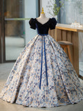 Blue V-Neck Short Sleeve Ball Gown, Blue A-Line Velvet Floor Length Evening Dress HZ0429