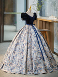 Blue V-Neck Short Sleeve Ball Gown, Blue A-Line Velvet Floor Length Evening Dress HZ0429