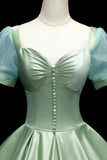 Green Satin Long A-Line Ball Gown, Green Short Sleeve Evening Gown HZ0429