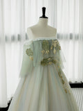 Green Tulle Lace Long Prom Dress, Green Off Shoulder Evening Party Dress HZ0429