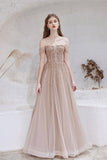 Off Shoulder Tulle Sequins Long Prom Dress, Champagne A-Line Formal Dress HZ0429