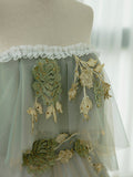 Green Tulle Lace Long Prom Dress, Green Off Shoulder Evening Party Dress HZ0429