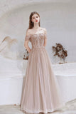 Off Shoulder Tulle Sequins Long Prom Dress, Champagne A-Line Formal Dress HZ0429