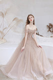Off Shoulder Tulle Sequins Long Prom Dress, Champagne A-Line Formal Dress HZ0429