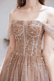 Off Shoulder Tulle Sequins Long Prom Dress, Champagne A-Line Formal Dress HZ0429