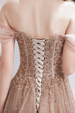 Off Shoulder Tulle Sequins Long Prom Dress, Champagne A-Line Formal Dress HZ0429