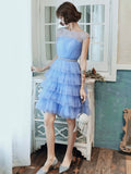 Blue Tulle Round Neckline Short Prom Dress, Cute Layered Blue Evening Party Dress HZ0429