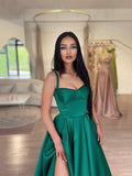 Dark Green Satin A-Line Spaghetti Straps Long Prom Dresses with Split HZ0429