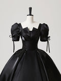 Black Satin Lace Long Prom Dress, Elegant A-Line Short Sleeve Evening Party Gown HZ0429