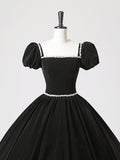 Black Velvet Long A-Line Prom Dress, Elegant Short Sleeve Formal Evening Dress HZ0429